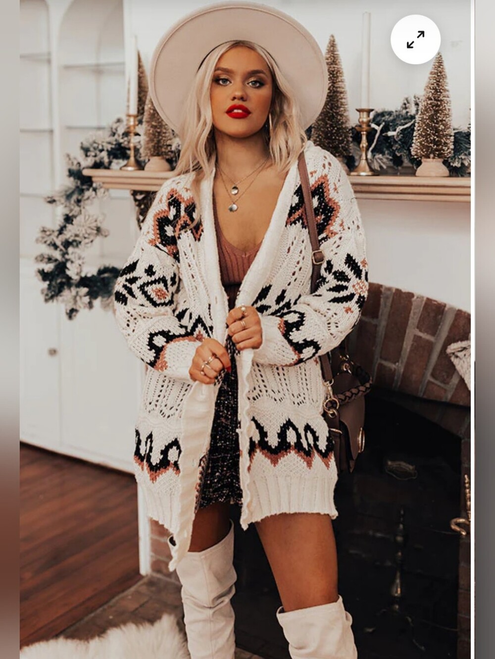 Women's Cream Patterned Knit Cardigan Sweater with Black and Rust Accents